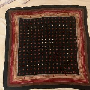 Christian Dior Small Black Silk Chiffon Scarf with Red & Cream Heart Motif